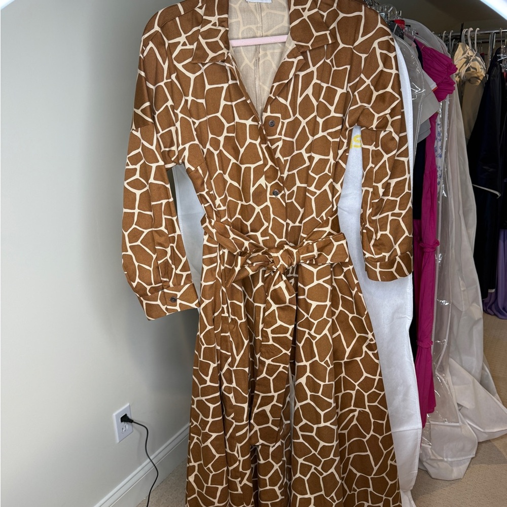 Daphne Wilde Brown Giraffe Print Longsleeve belted button up Maxi Dress